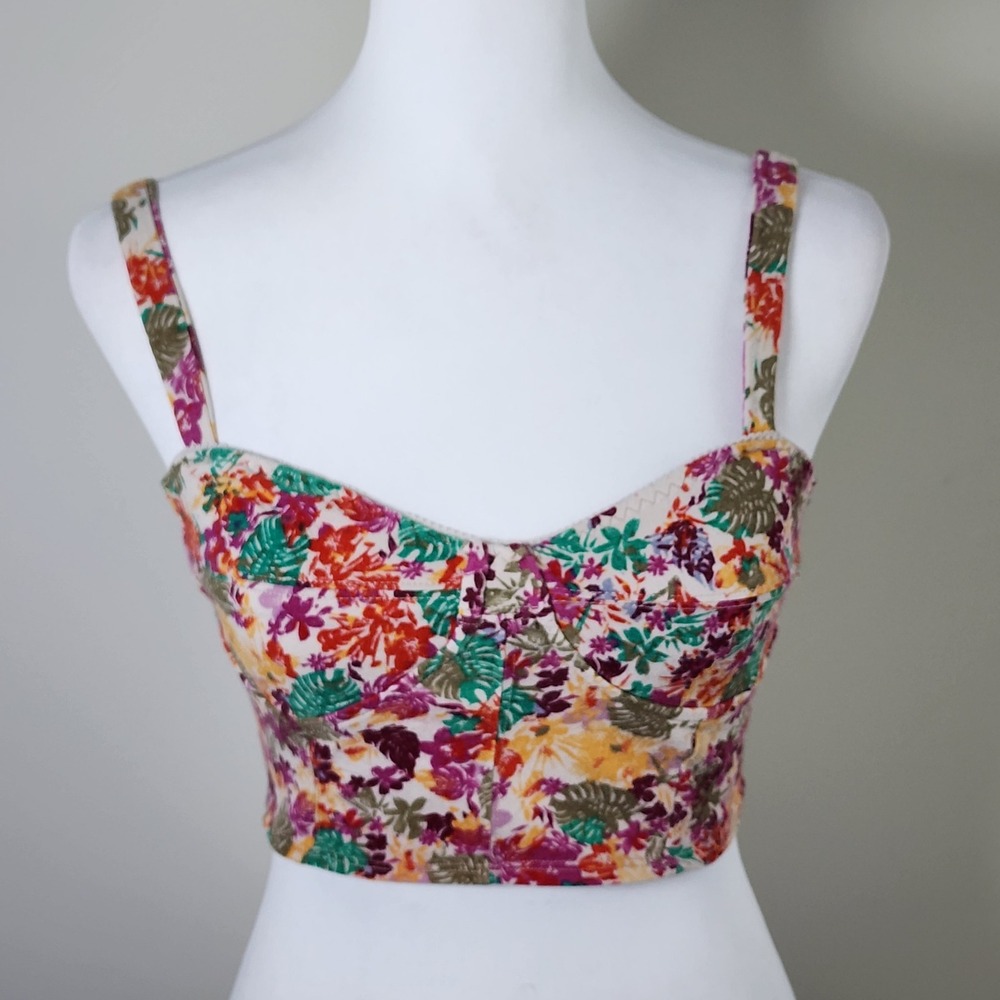 Floral Bustier Crop Top Womens Small Multicolor Tropical Boho Festival Bralette